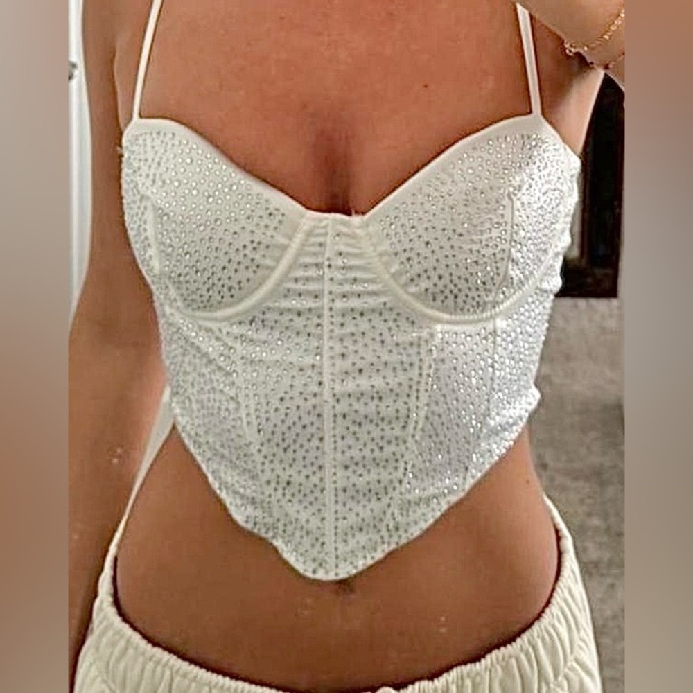 Windsor Sparkling Rhinestone Bustier Corset Boning Structured in White Size M